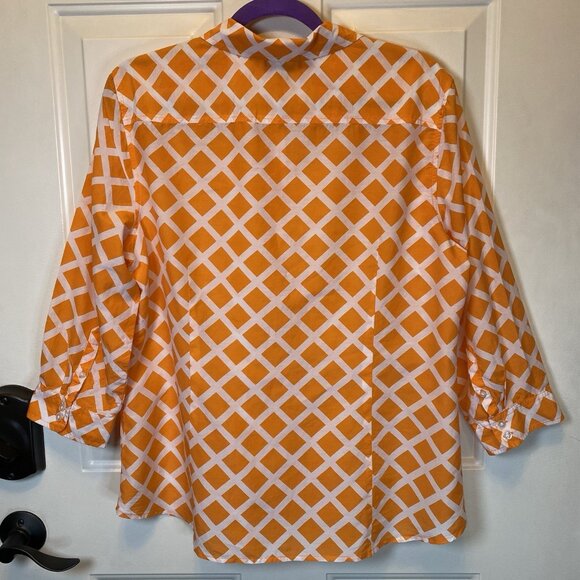 JC Penney Silk Blend Sz XL Lattice Design 3/4 Sleeve Top Blouse Orange & White - Picture 2 of 10